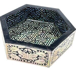 Hexagonal Black & Abalone Inlay Trinket Bowl Intricate Design 4"
